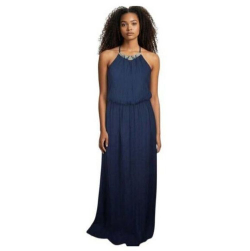 LILY ROSE NAVY MAXI DRESS W/ EMBELLISHED NECK SZ.S EUC.